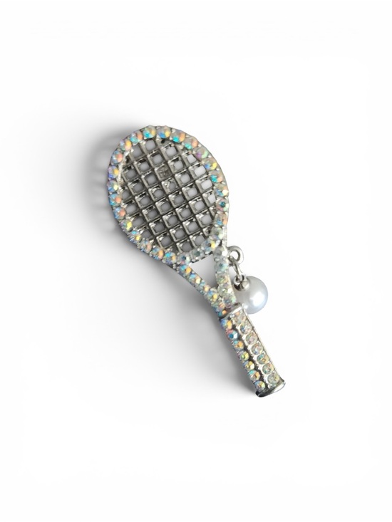 Jewelry - Iridescent rhinestone tennis racket silver brooch